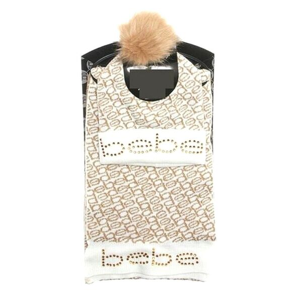 New! BEBE Logo Scarf & Pom Pom Beanie Hat Set 2-Piece With Gift Box Cream Gold - Picture 1 of 5